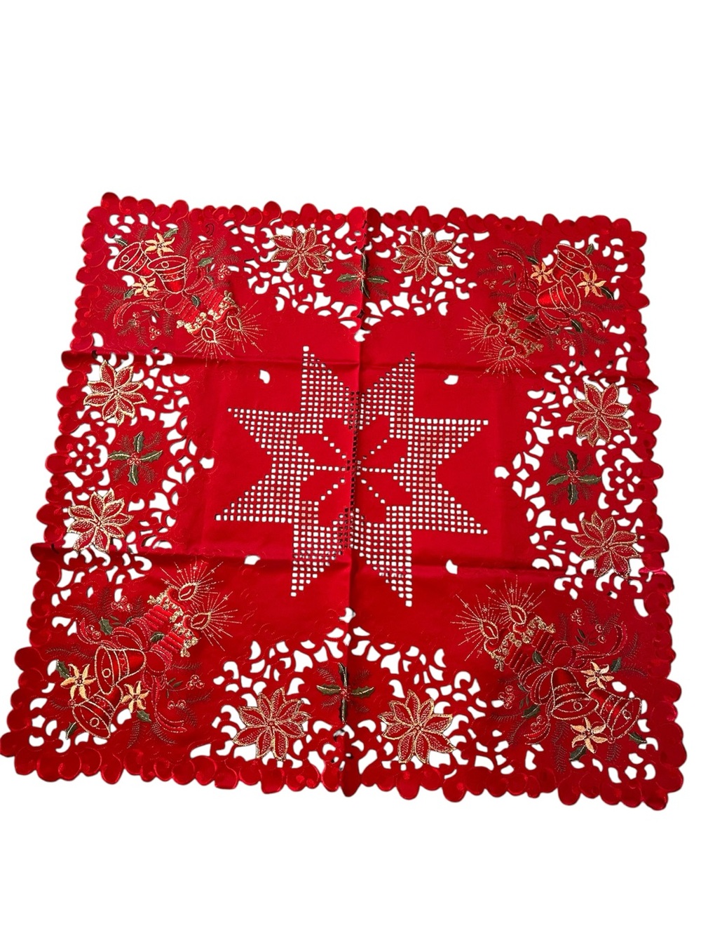 Christmas Embroidered Tablecloth Cut Work Star Poinsettia 33" SQ Red Gold NEW